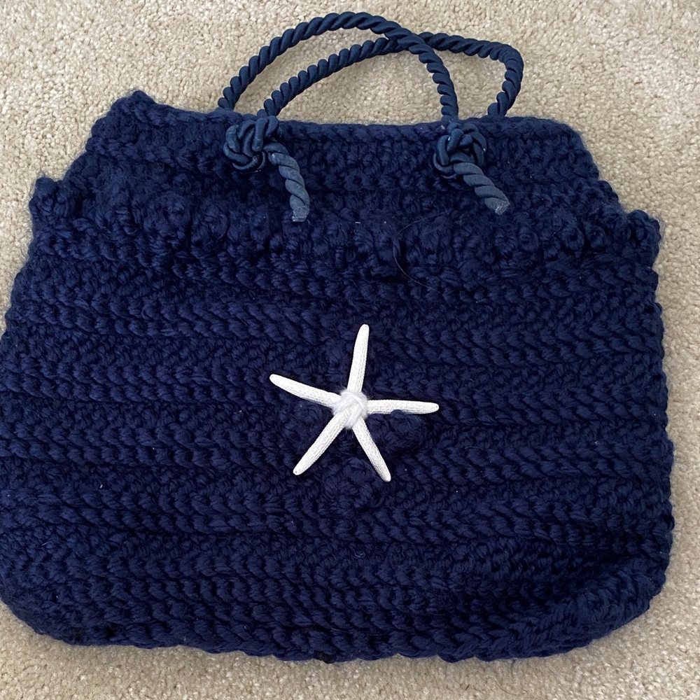 Navy Blue Knit Tote Bag with Starfish Accent